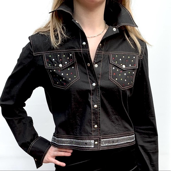 Black Cotton Collared Short Blazer Jacket colorful Jeweled beadings Rhinestones - Picture 1 of 16